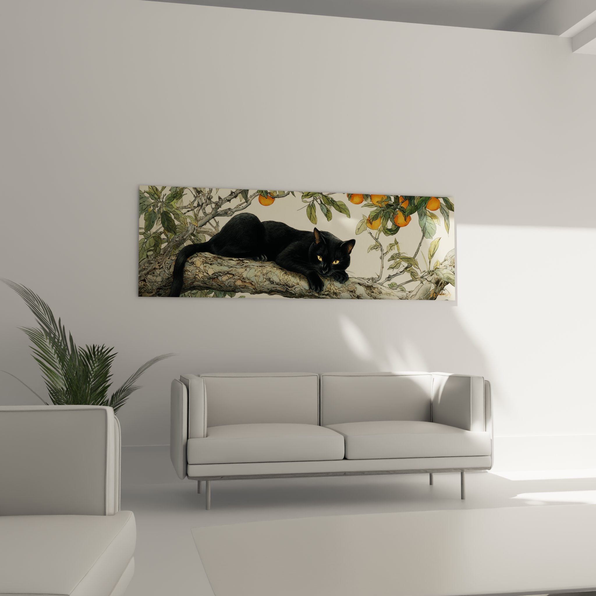 Detail tableau chat noir aux yeux dores reposant sur branche avec oranges mures et feuilles