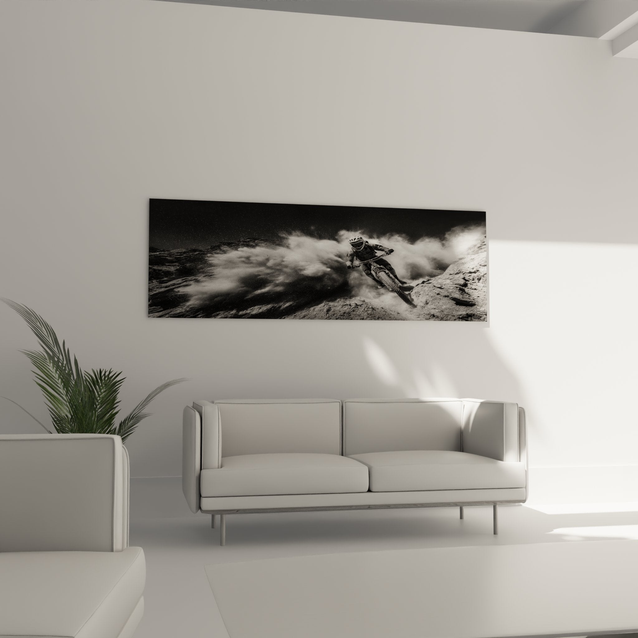 Detail du tableau VTT montrant la qualite d'impression et les nuances de gris de la photographie sportive