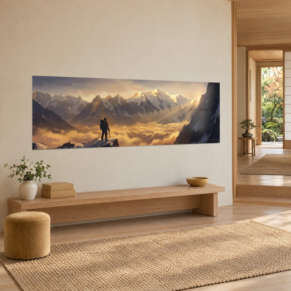 Tableau massif du Mont Blanc enneigé, nuages ocre doré et roche brune en ombre à droite, vue de trois-quarts sur un mur beige
