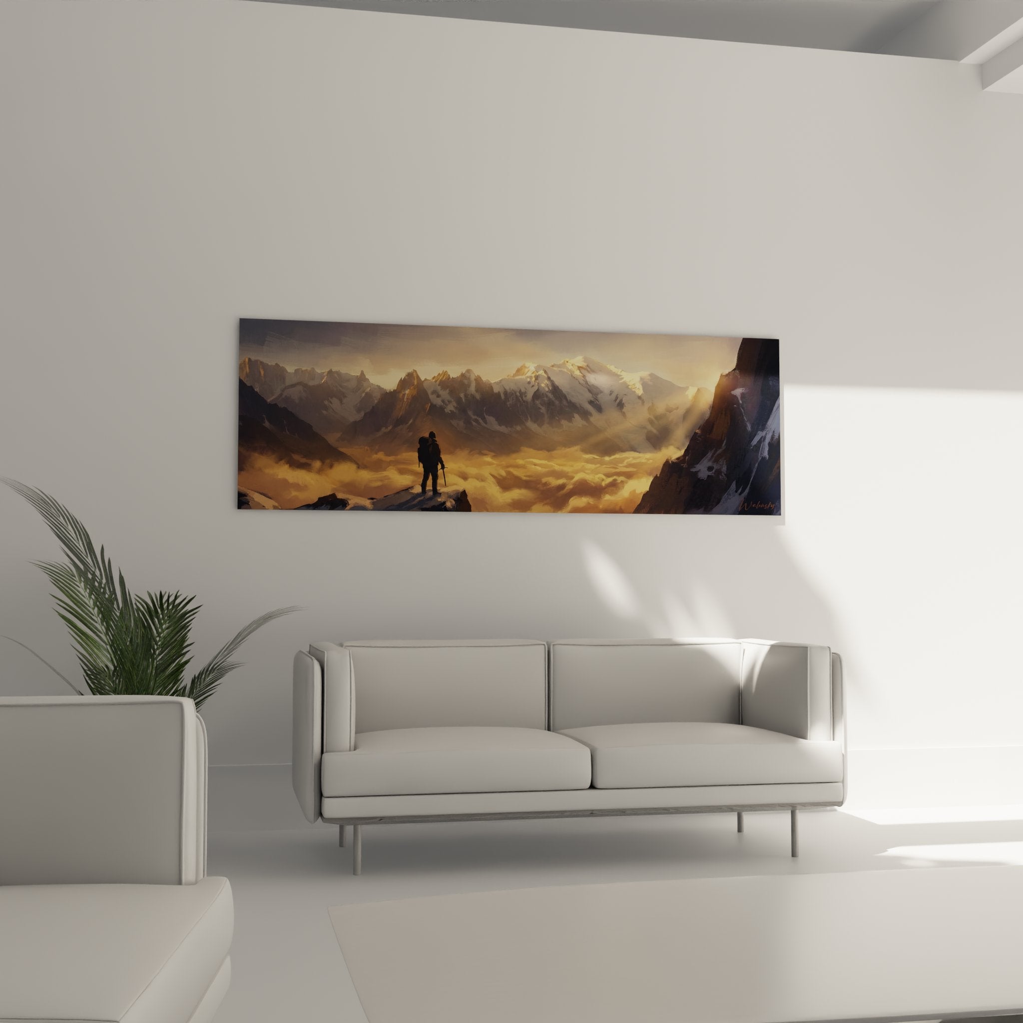 Dettaglio del quadro Mont Blanc che mostra la silhouette dell'alpinista sullo sfondo dei picchi innevati