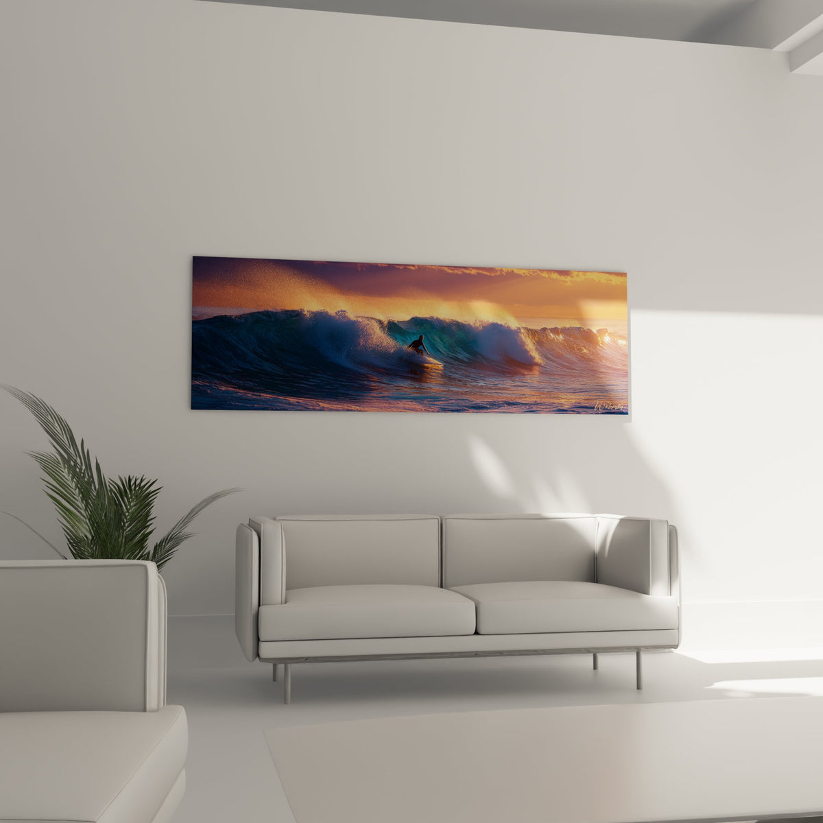 Surf-Gemälde Detail - Surfer-Silhouette auf goldener Welle bei Sonnenuntergang, kristalline Gischt