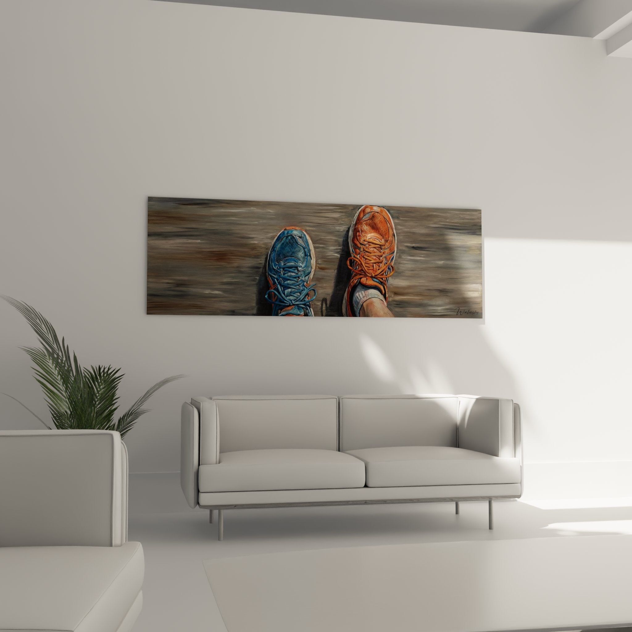 Artistic detail of blue and orange running shoes with laces and realistic textures in close-up