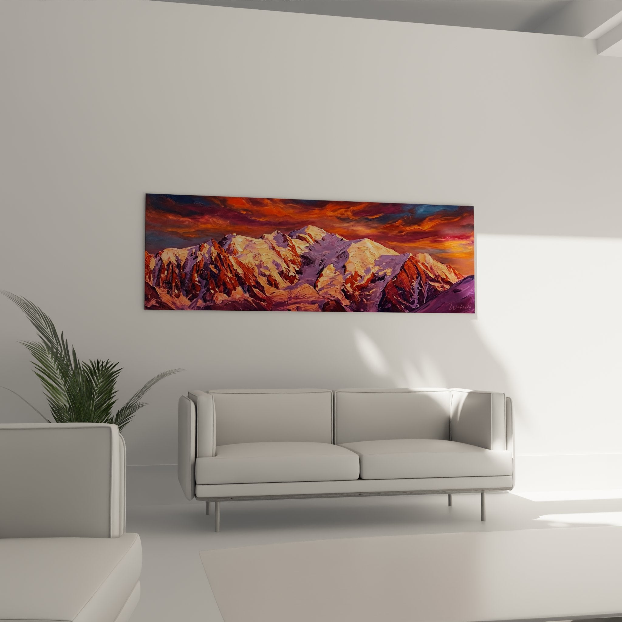 Mountain painting detail textured relief artwork snow-capped peaks sunset lighting warm color palette