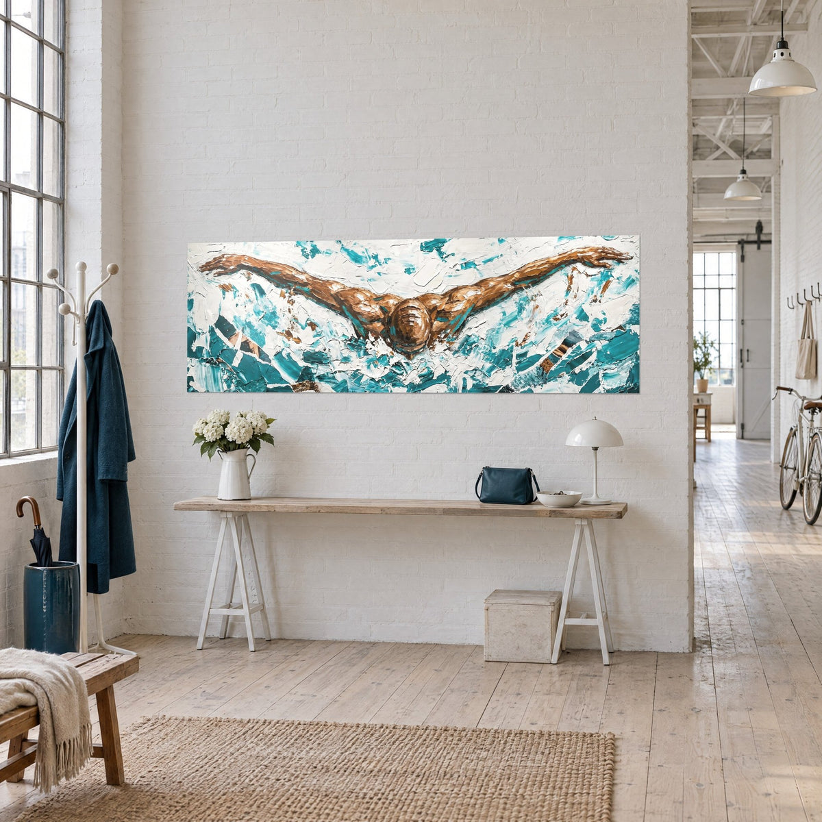 Cuadro atleta que corta el agua, hombros bronceados y salpicaduras turquesa, vista de tres cuartos en un loft de artista