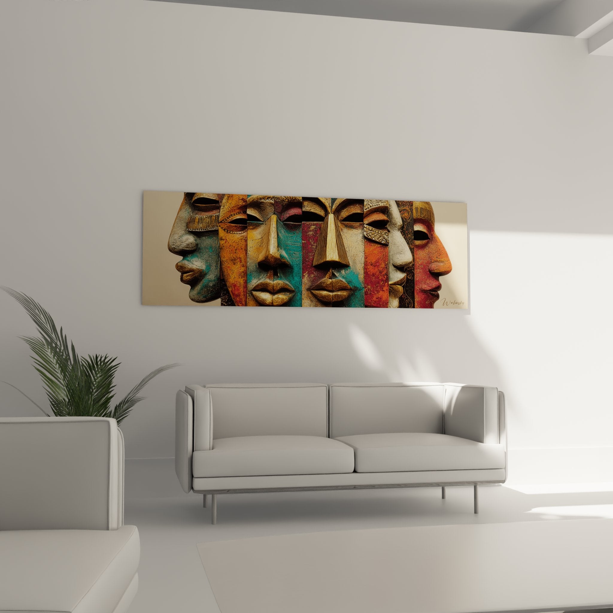 Dettaglio delle maschere africane dipinte con texture dorate e motivi tribali tradizionali incisi