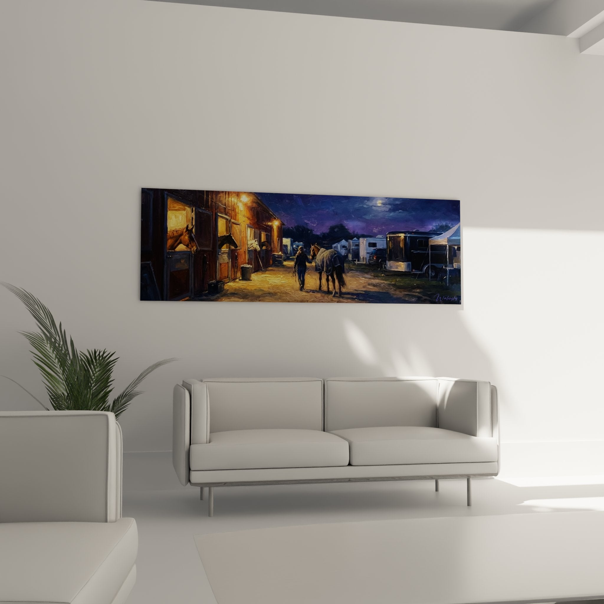 Dettaglio del quadro scuderie notturne che mostra cavalli nei box illuminati e texture pittoriche raffinate