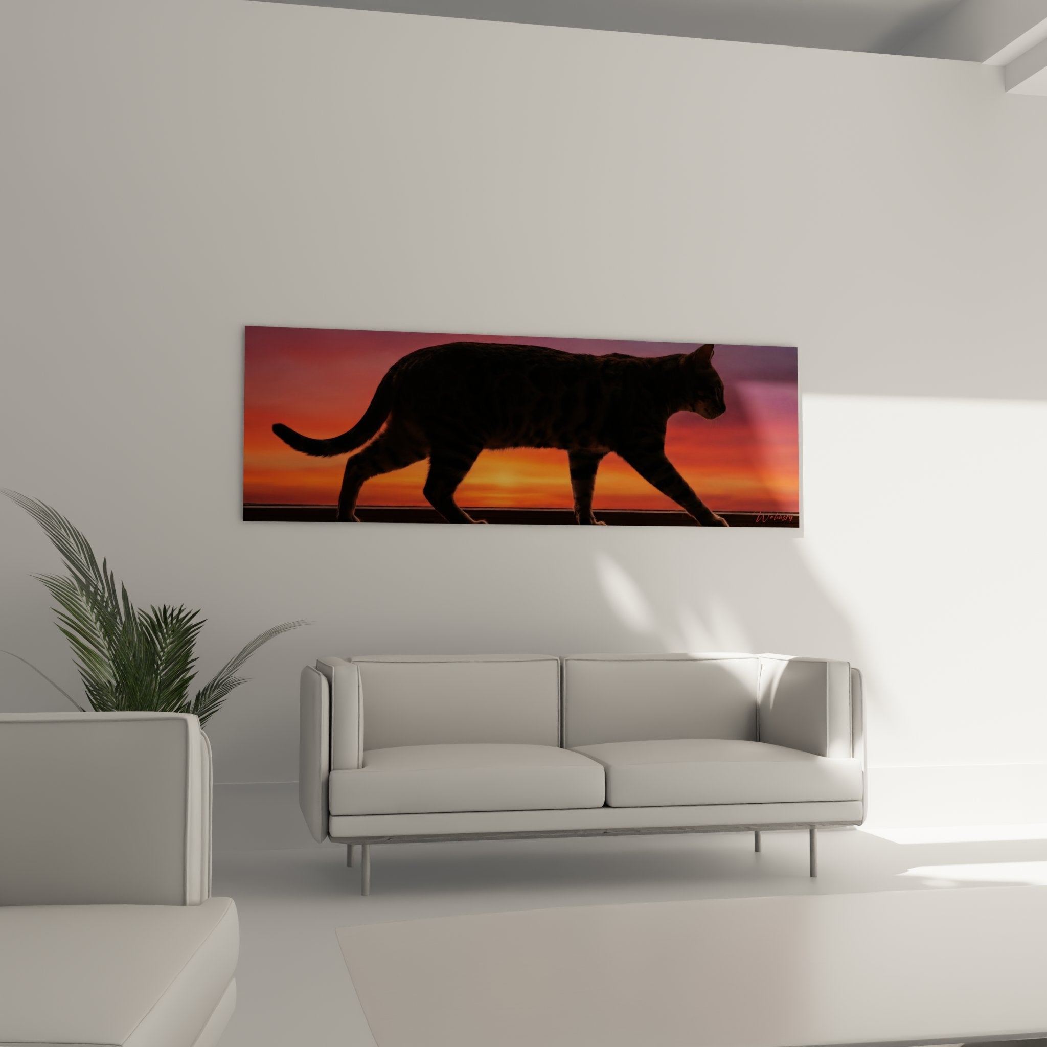 Détail du tableau montrant la silhouette précise du chat Bengal sur fond de ciel crépusculaire flamboyant