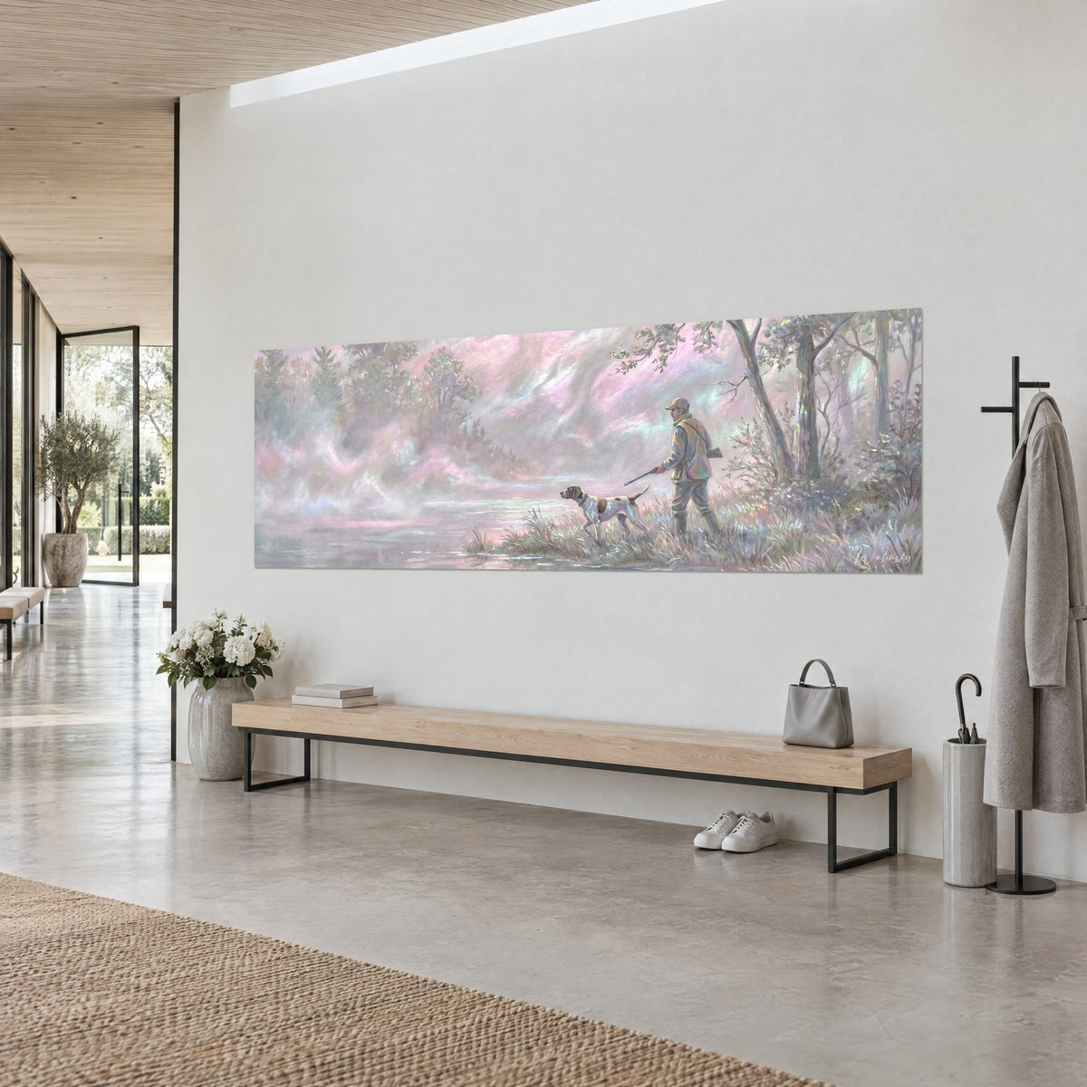 Quadro cane da ferma tricolore che fiuta la riva, nebbia rosa madreperla sopra uno stagno grigio perla e betulle, in un corridoio chiaro
