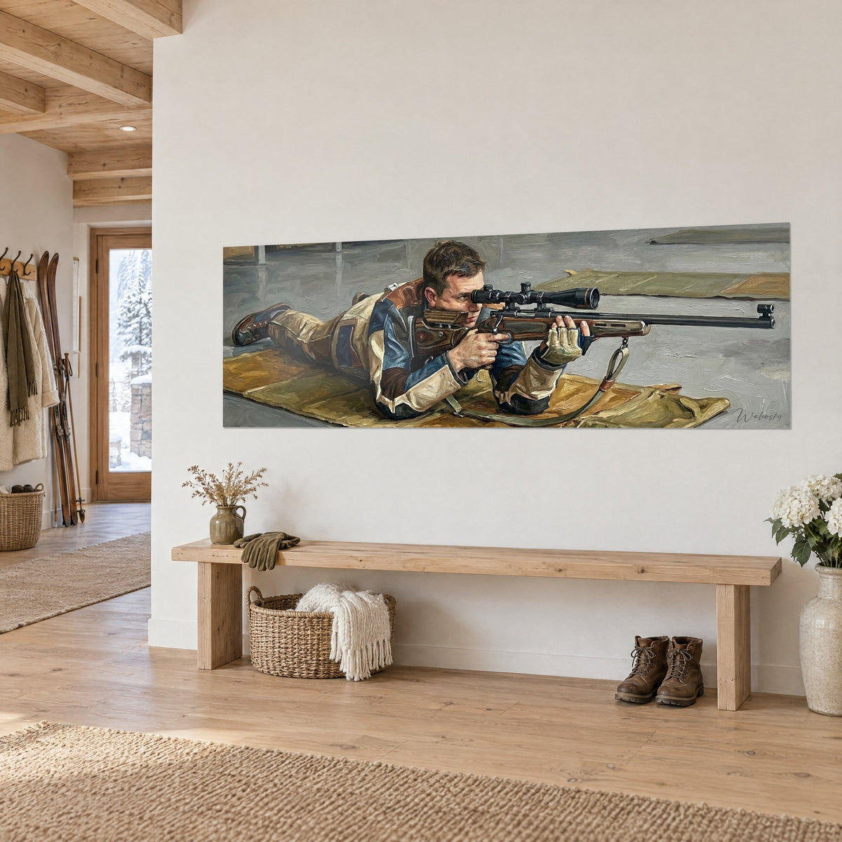 Tableau carabinier à plat ventre visant dans sa lunette noire, tapis ocre et sol gris, accroché au-dessus d'un banc en bois dans un chalet