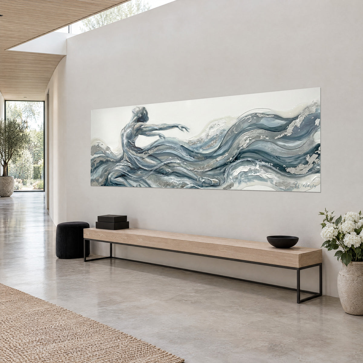 Wall art arched ballerina swept along by painted waves in steel grey and nacre white, silver leaf, on a light wall