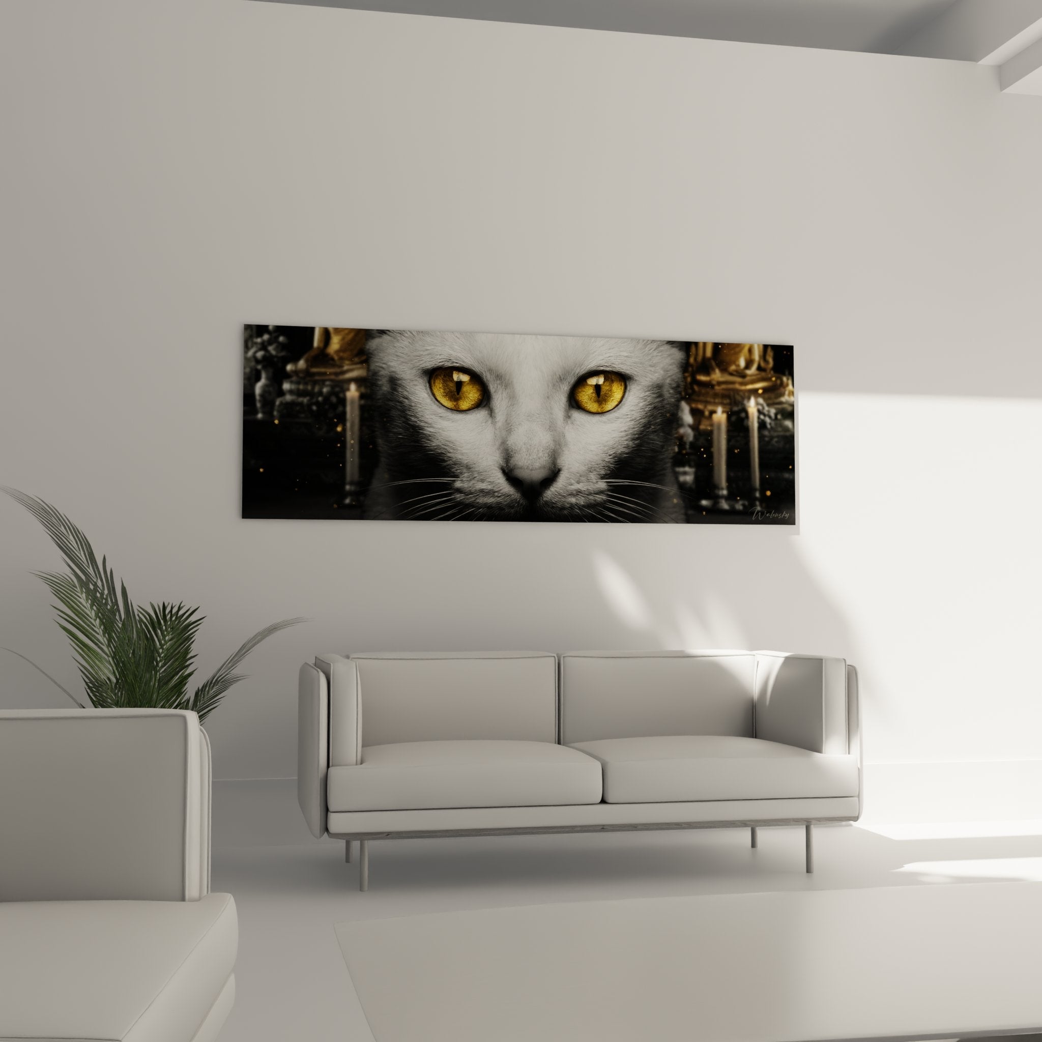 Gros plan tableau chat Khao Manee blanc yeux ambre dores regard intense pelage immacule art mural felin de qualite