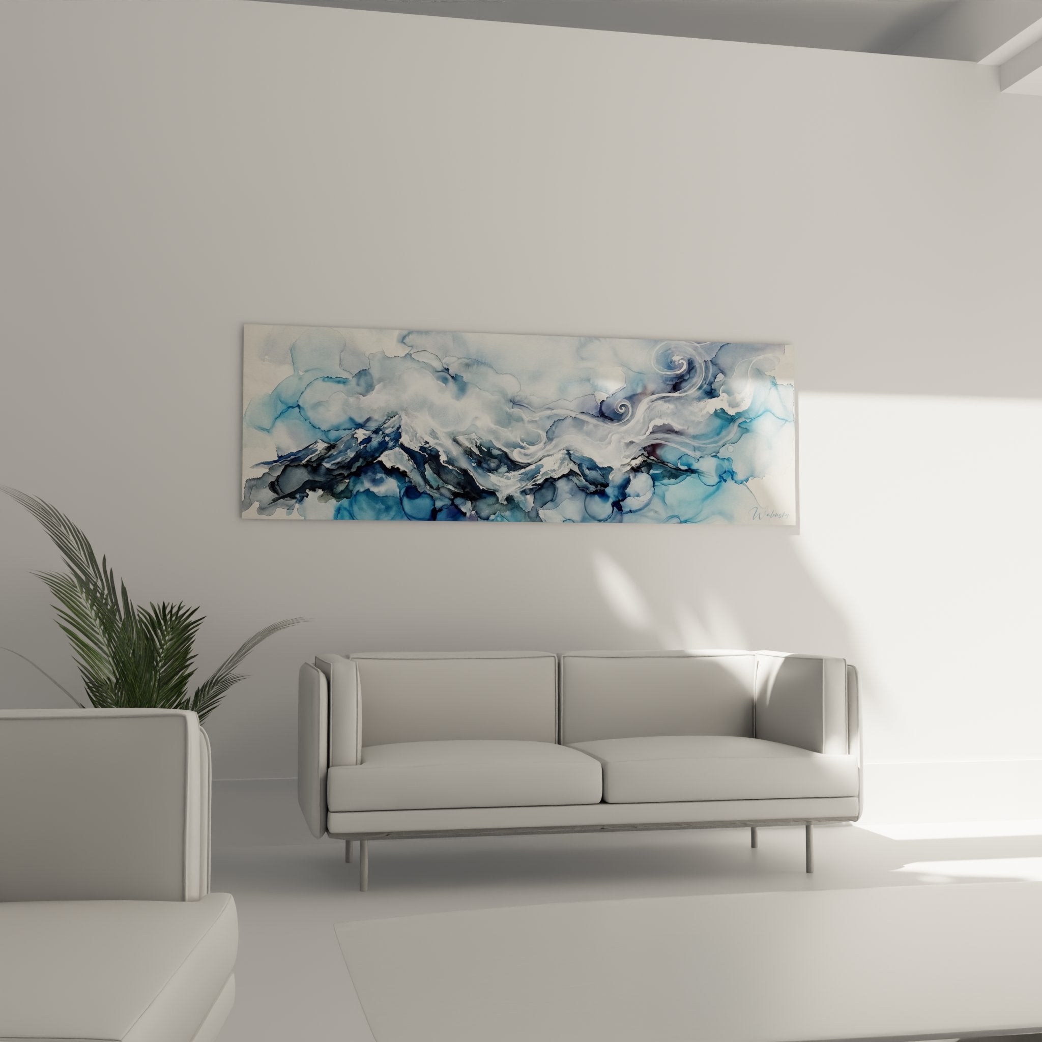 Detail aquarelle montagnes alpines avec technique fluide nuages bleus et sommets enneiges art mural Les Alpes