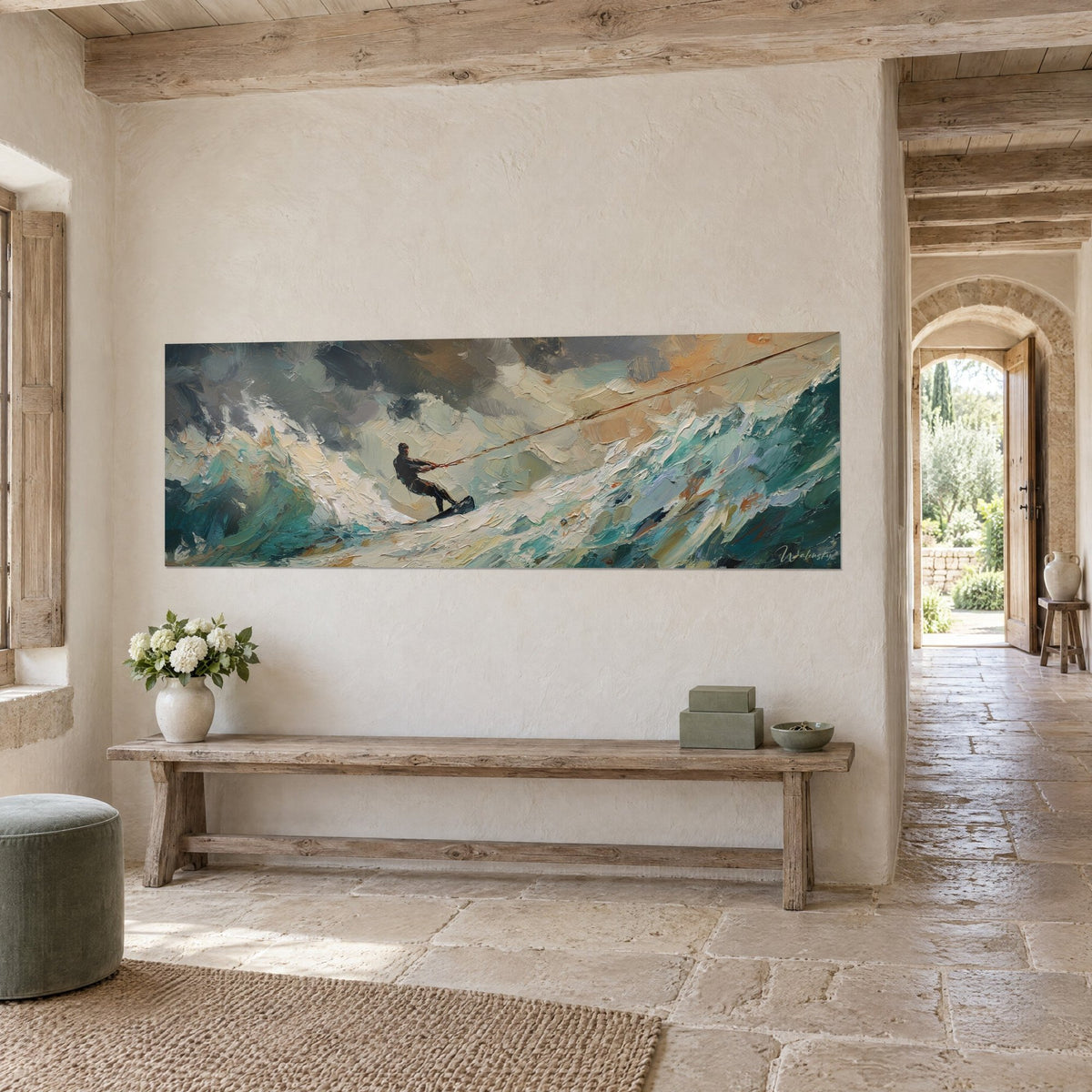 Wall art of a rider gliding over a verdigris wave, ochre and grey stormy sky, hung in a stone hallway