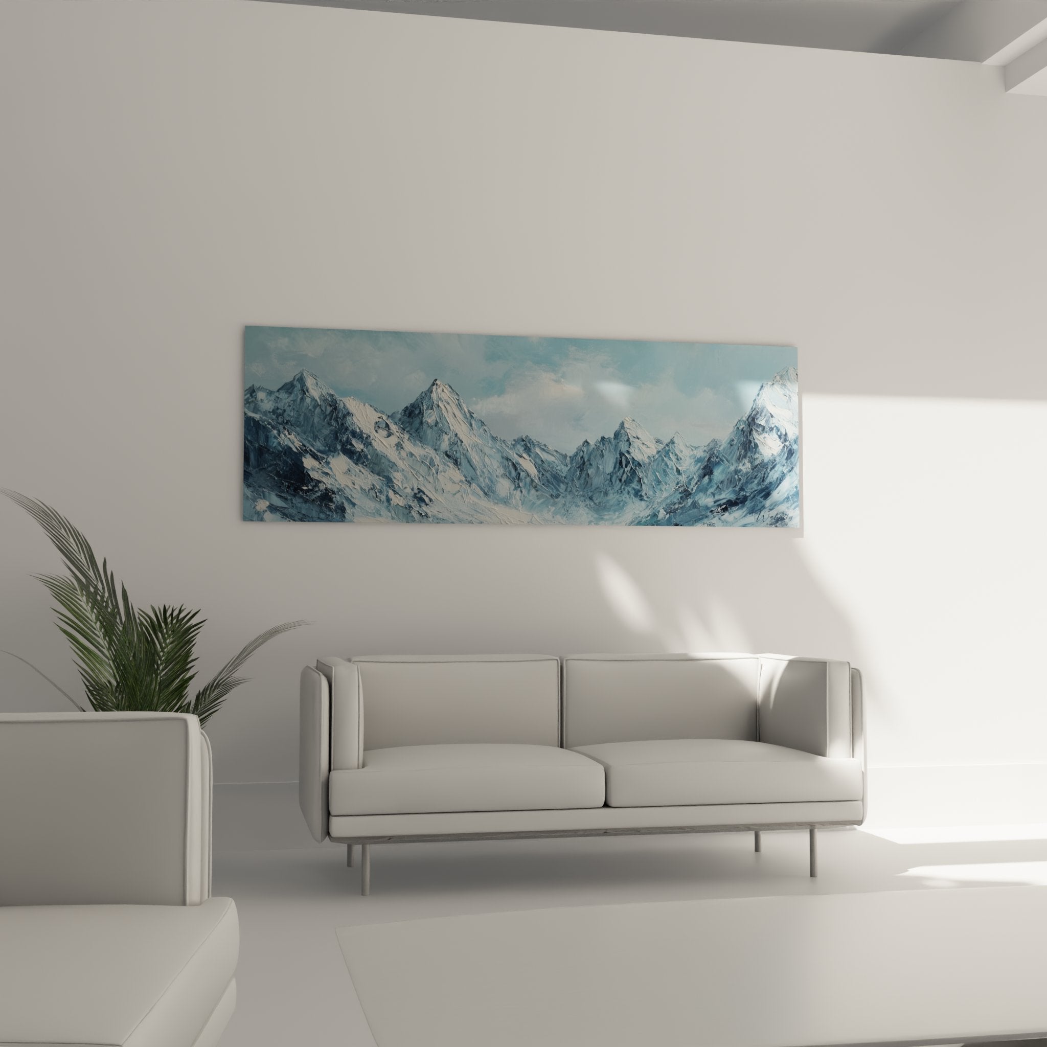 Détail tableau montagne enneigée peinture alpine textures pics rocheux neige blanche nuances bleues