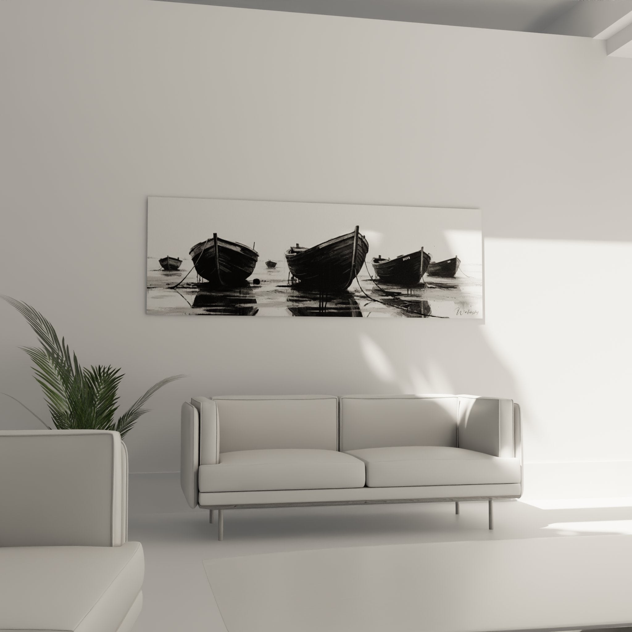 Détail tableau bateaux pêche montrant les coques traditionnelles et reflets dans l'eau calme