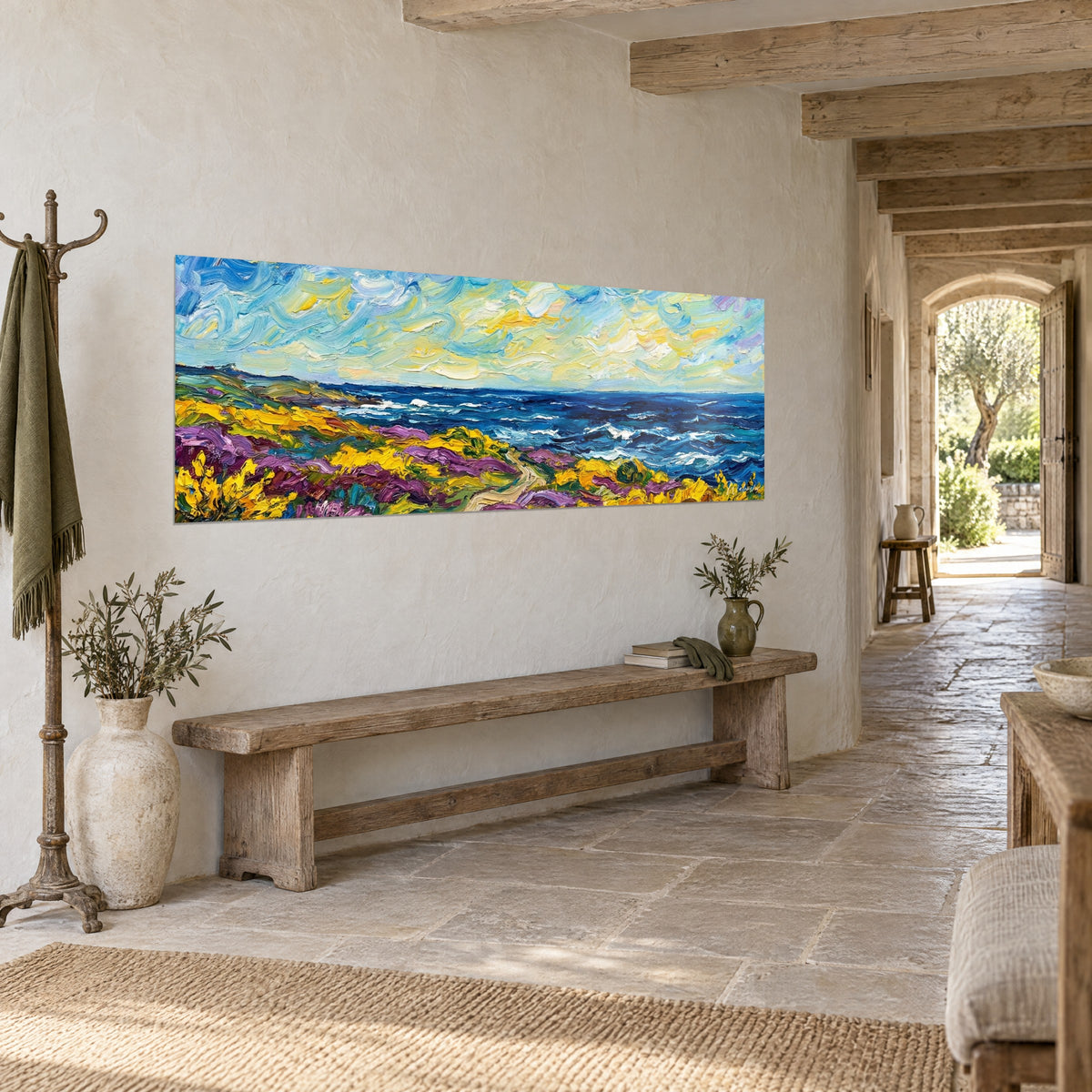 Wall art panoramic view of a wild cliff, indigo sea and white foam crests, sandy path through golden broom, entrance of a stone house
