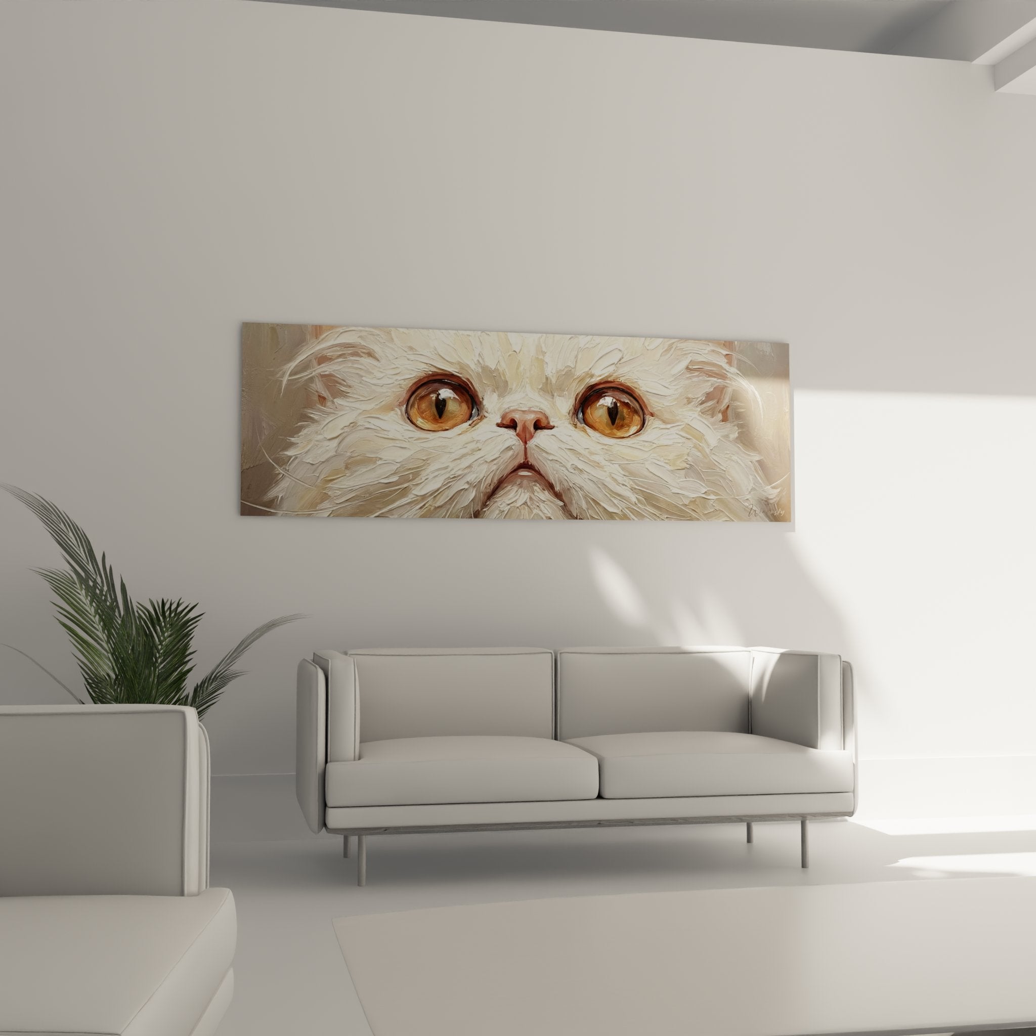 Close-up detail of Persian cat artwork, silky white fur texture and expressive amber eyes