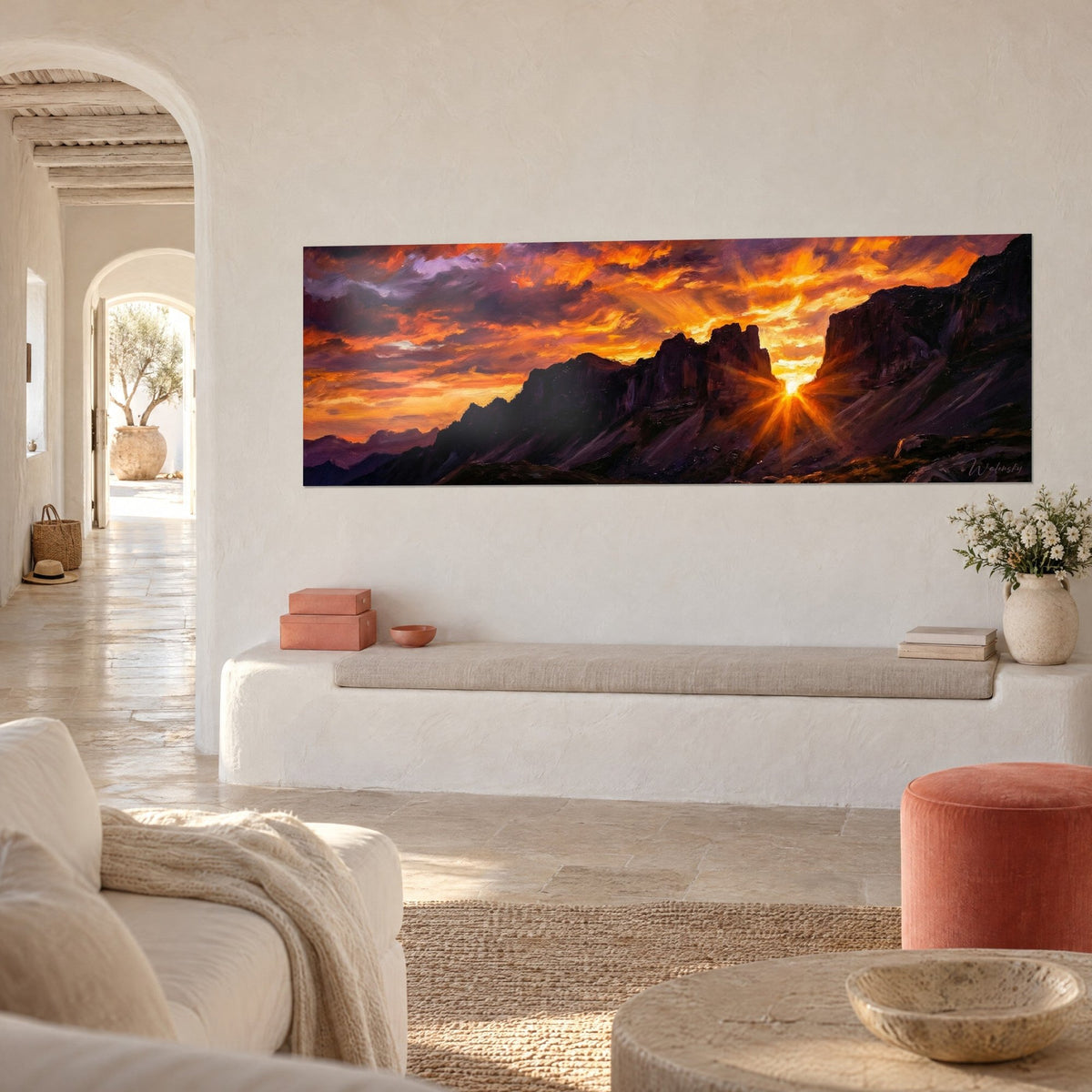 Wall art panorama of dark cliffs where a golden shaft of sunlight breaks through, purple and amber clouds, three-quarter view, whitewashed wall