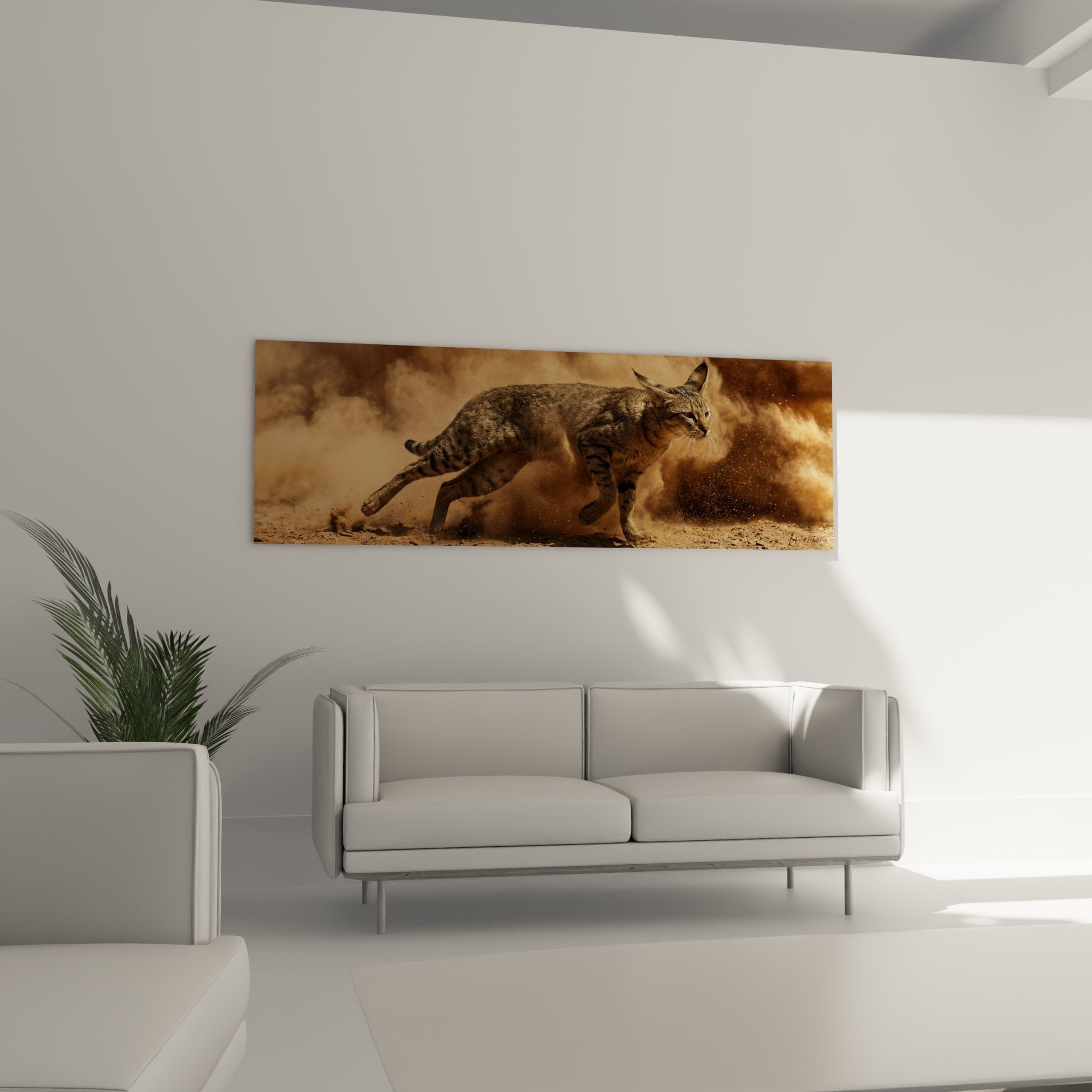 Detail rapproche tableau chat Chausie muscles bandes, expression sauvage et concentree