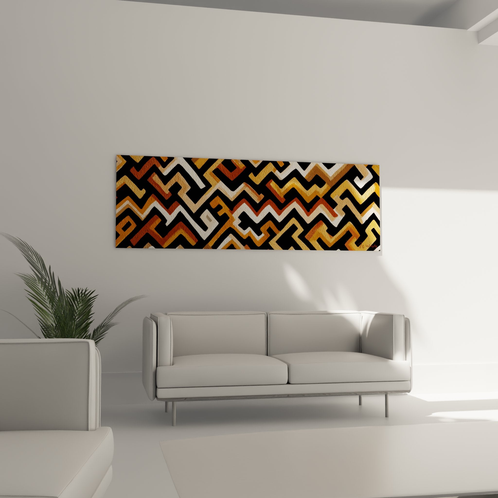 Dettaglio ravvicinato di motivi geometrici africani con texture dorata ramata forme angolari intrecciate arte tribale