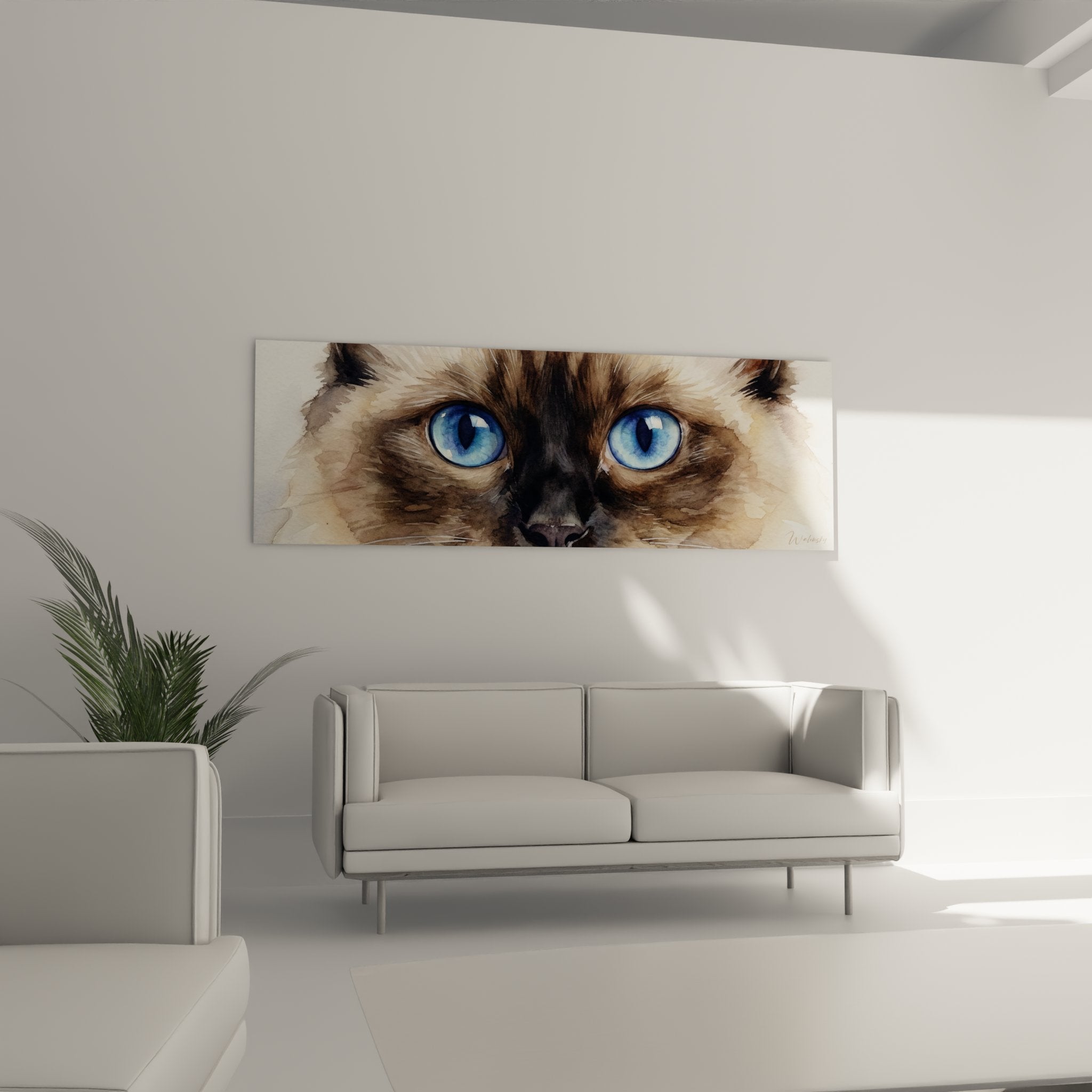 Dettaglio ravvicinato del quadro acquerello gatto Ragdoll, texture del mantello e intensità dello sguardo penetrante degli occhi blu