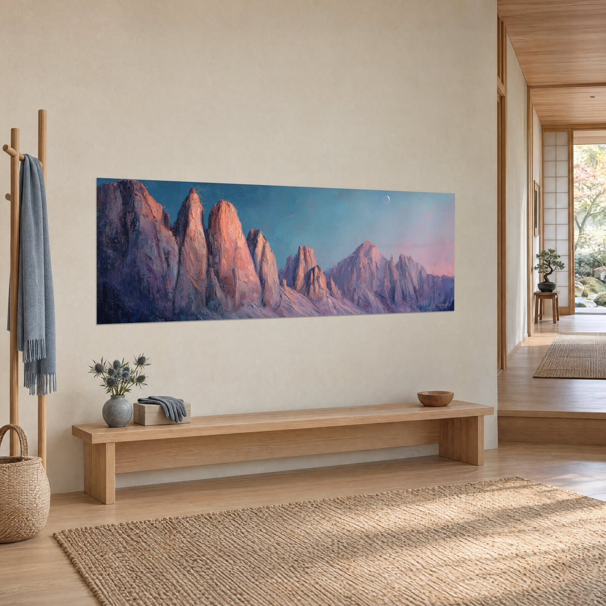 Wall art panoramic rocky massif, orange peaks and violet slopes under a blue sky, three-quarter view of a japandi hallway