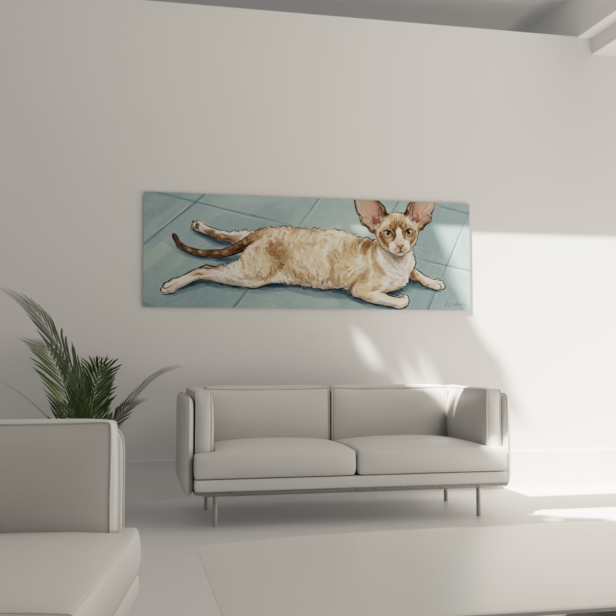 Gros plan tableau chat Cornish Rex, détails pelage ondulé crème, grandes oreilles expressives, yeux dorés perçants