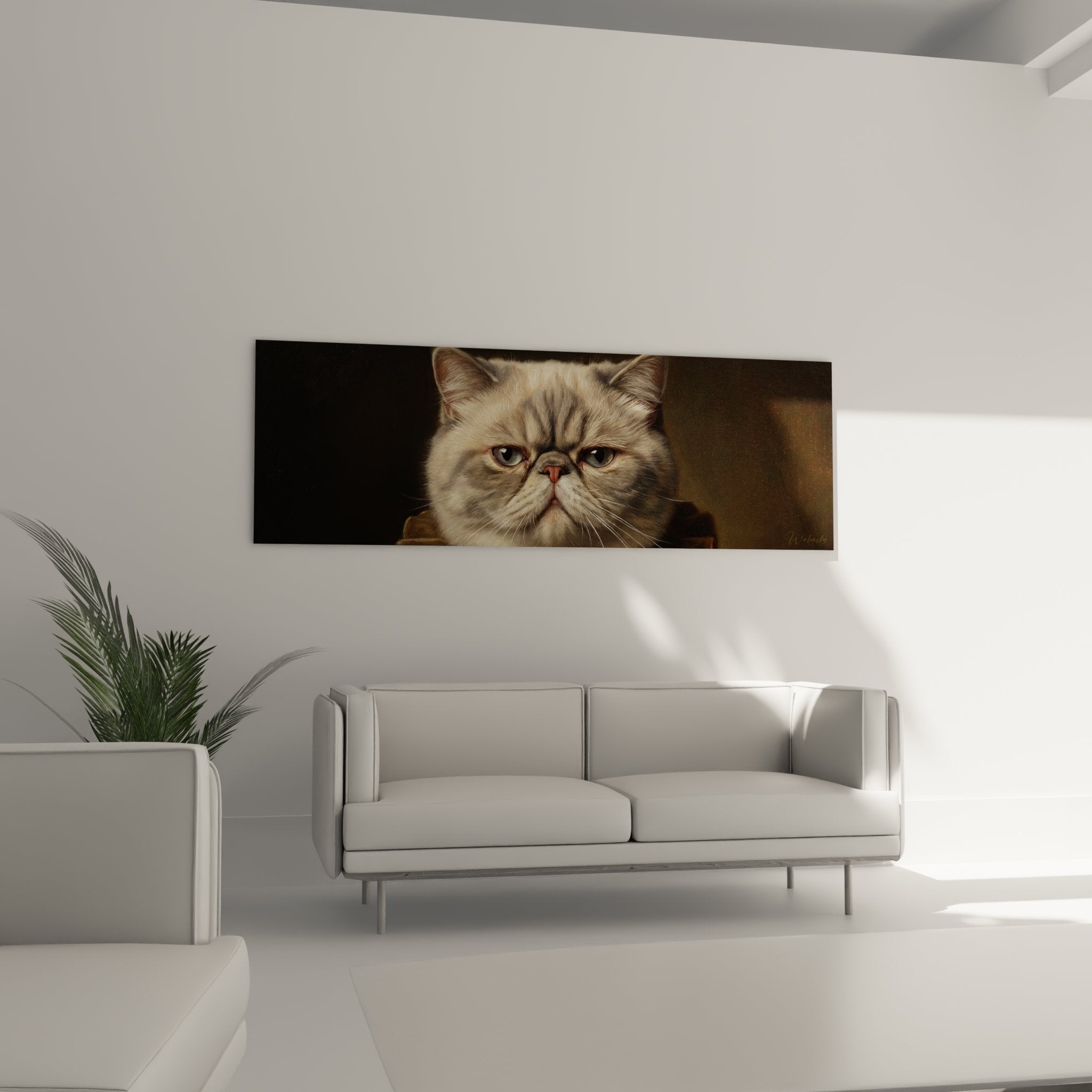 Primo piano ritratto gatto Exotic Shorthair, dettagli mantello tabby, occhi dorati espressivi, tecnica realistica