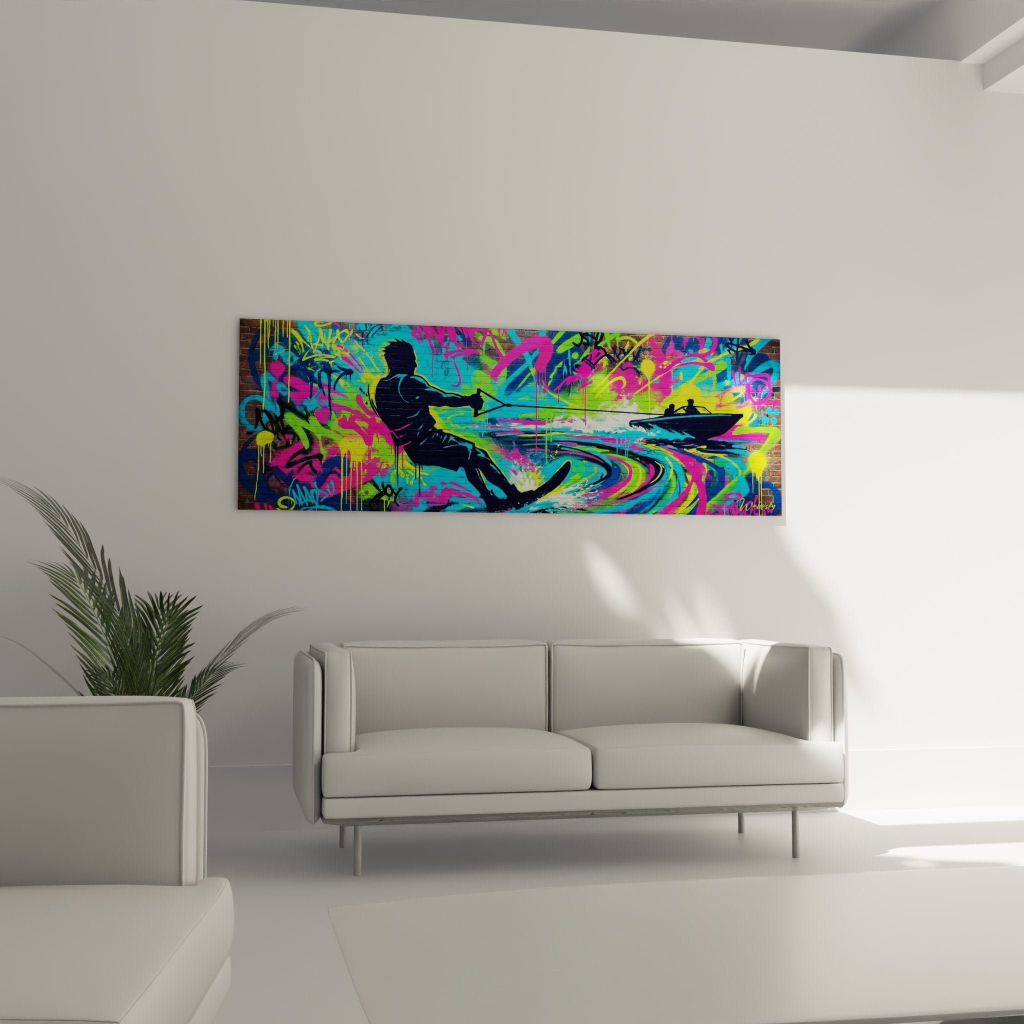Detail tableau ski nautique art urbain couleurs vives rose vert bleu jaune technique graffiti
