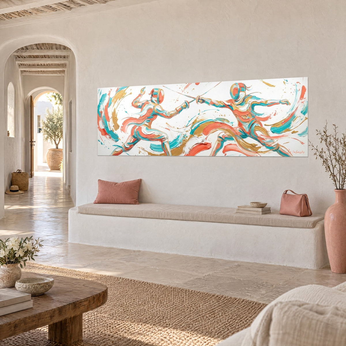 Wall art of a sword fight in lunging poses, thick coral, turquoise and gold impasto on white, against the textured wall of a Mediterranean house in three-quarter view