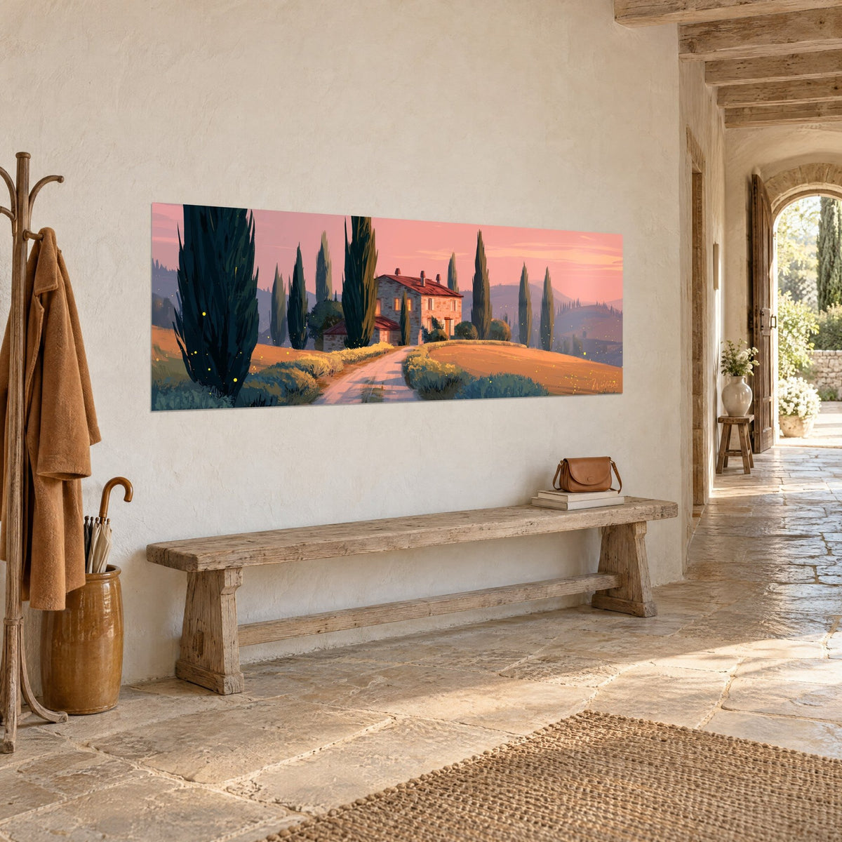 Cuadro villa toscana con tejas rojas, camino de tierra rosado bordeado de arbustos dorados, cipreses verde oscuro, a la entrada de la casa