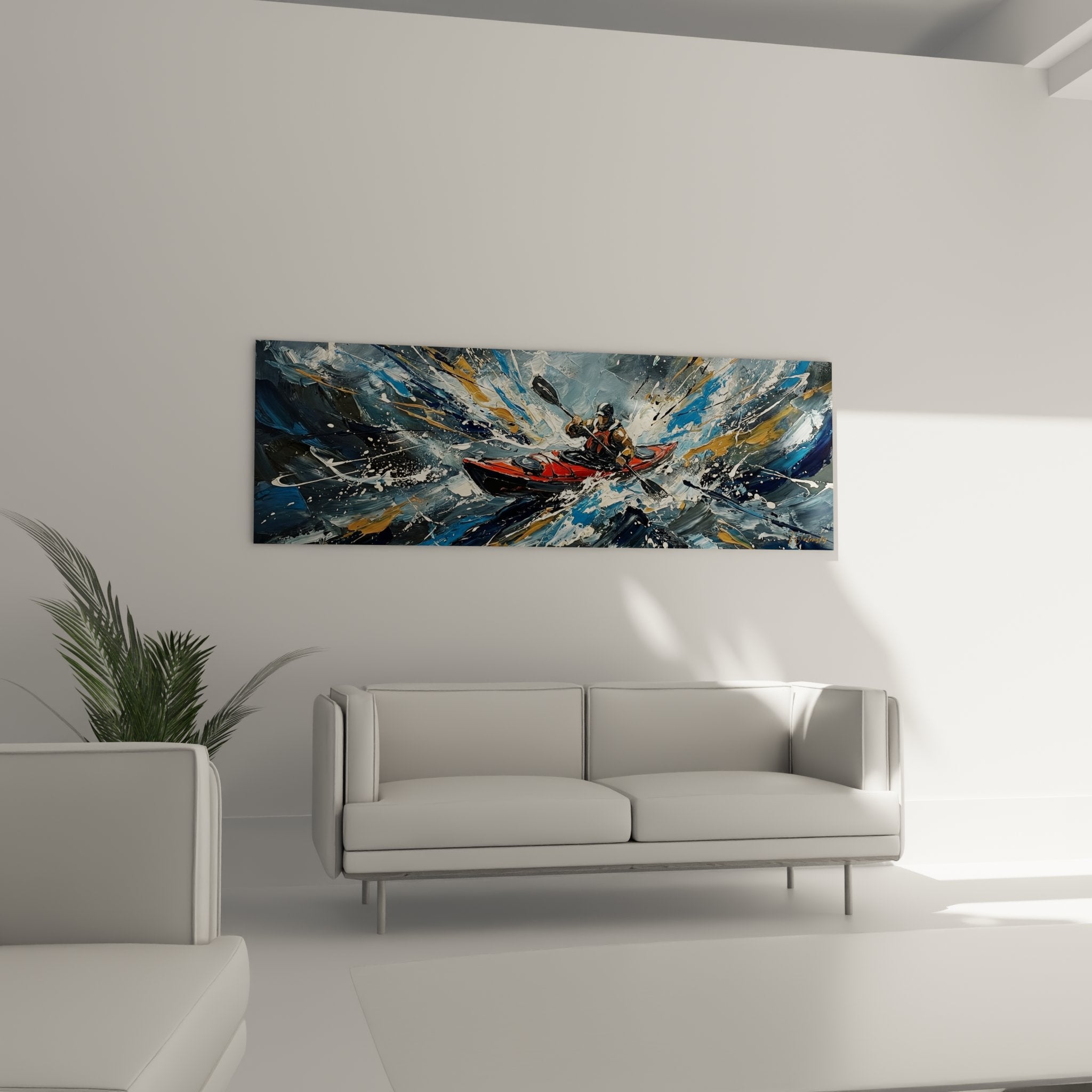 Detail tableau kayak rouge en action avec technique peinture expressionniste et eclaboussures blanches