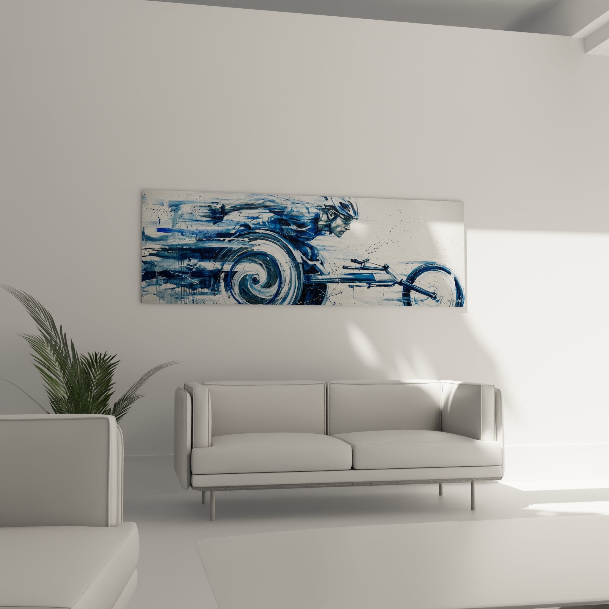 Détail rapproché du tableau montrant la technique picturale expressive du cycliste en action