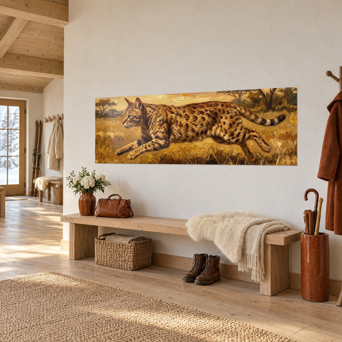 Tableau ocicat en pleine course, pelage moucheté fauve et noir, herbes jaunes, vu de trois-quarts dans un chalet clair