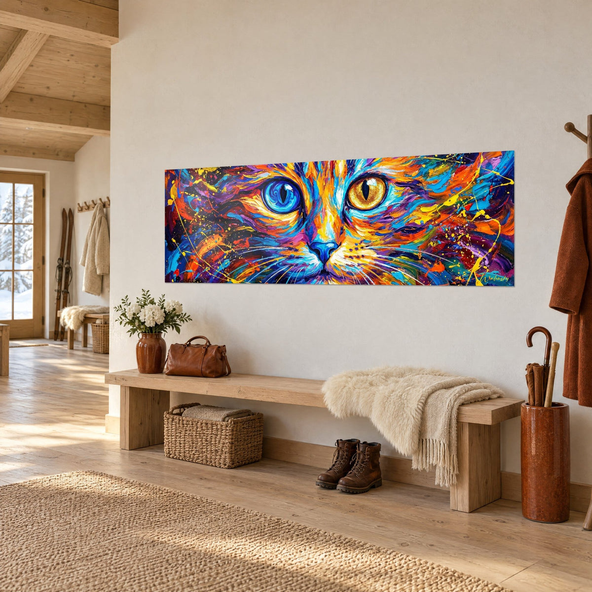 Schilderij Khao Manee-kat in dikke verf, blauwe en amberkleurige irissen, witte snorharen, opgehangen aan de muur van een hal met licht hout