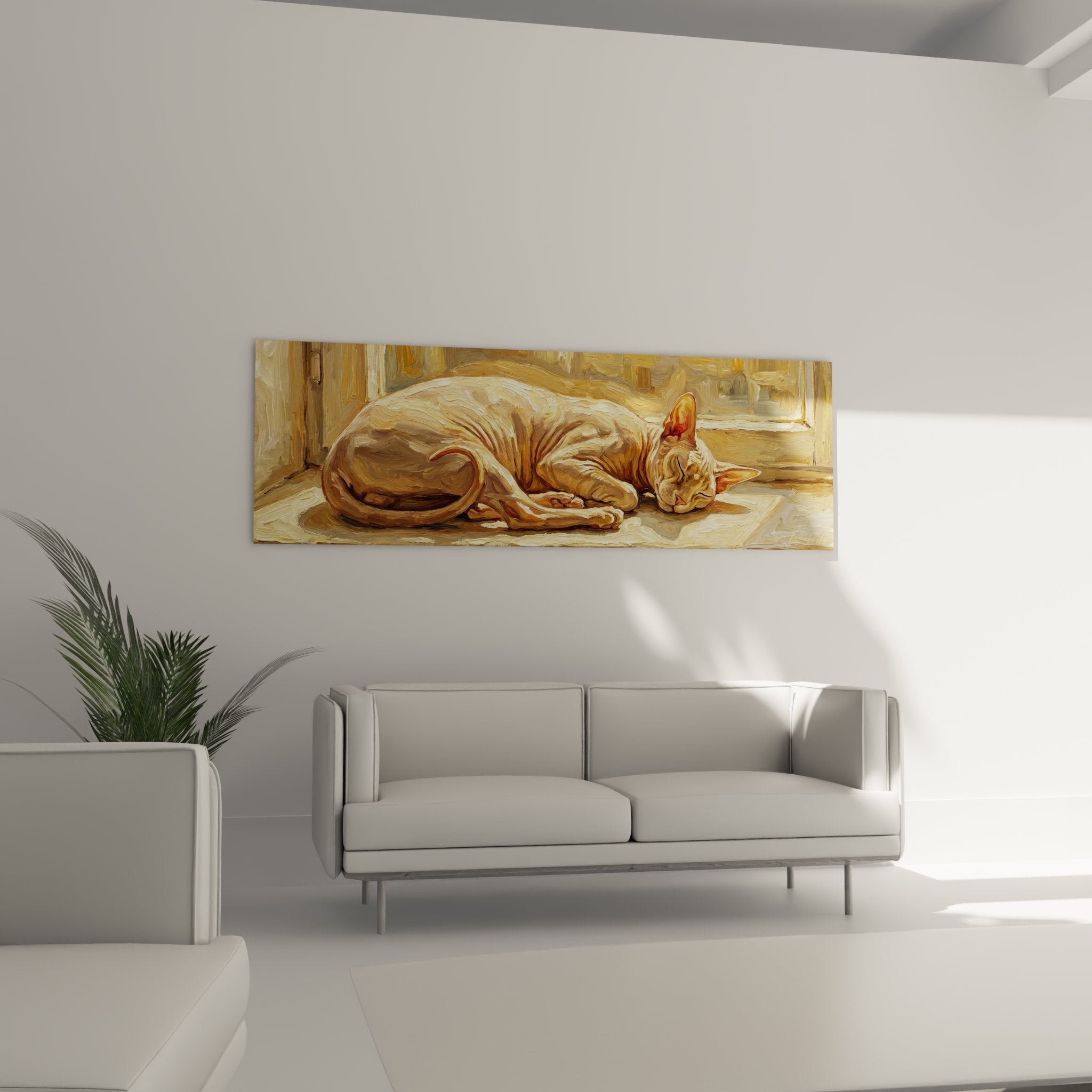 Dettaglio pittura gatto addormentato con tavolozza dorata, texture pelliccia realistica arte murale Peterbald