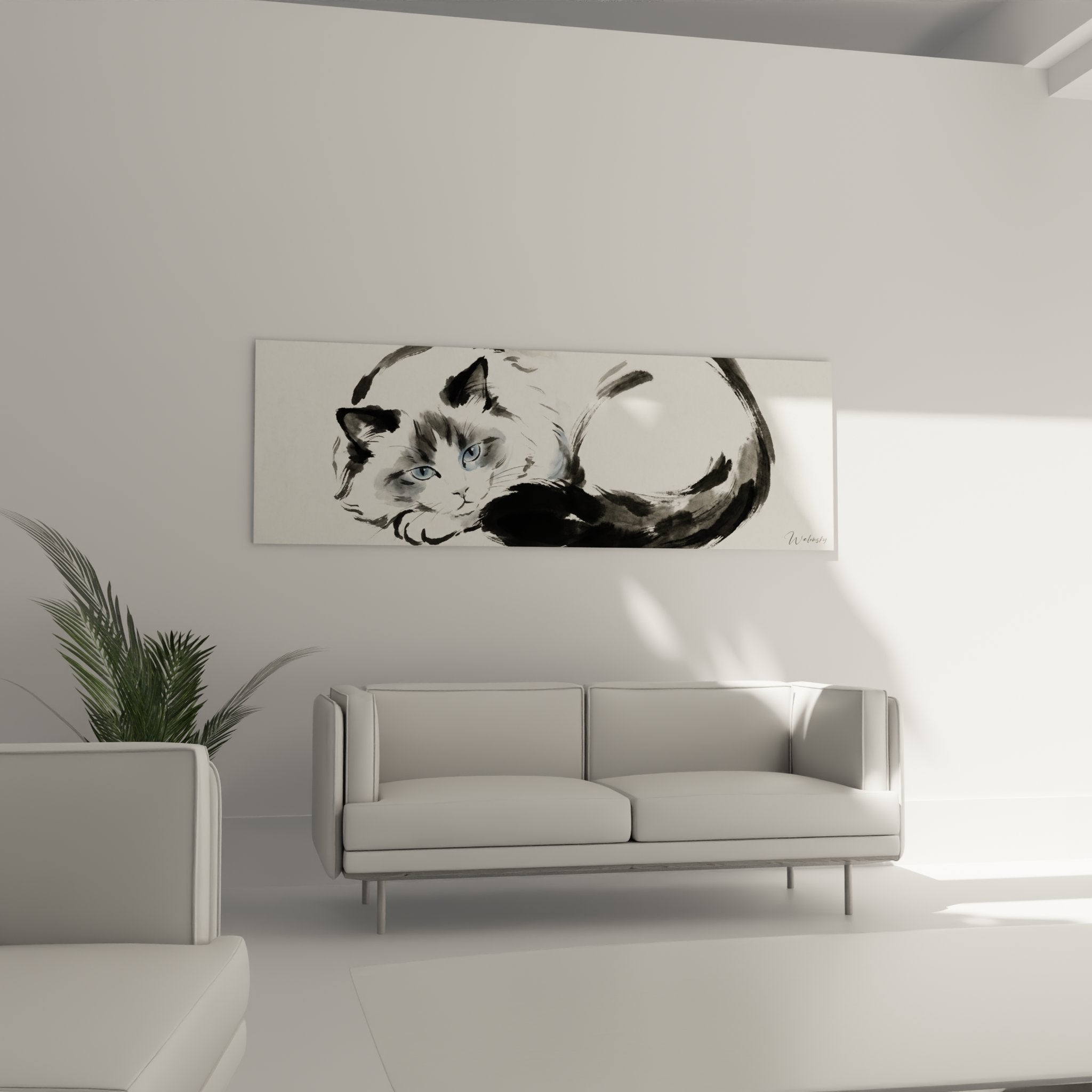 Primo piano quadro gatto Ragdoll acquerello che mostra i dettagli degli occhi blu e la tecnica del pennello