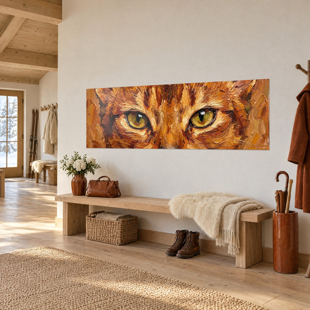 Schilderij blik van een Abessijnse kat, olijfgroene ogen met bruine rand, dikke roestkleurige streken, aan een entreemuur in een chalet