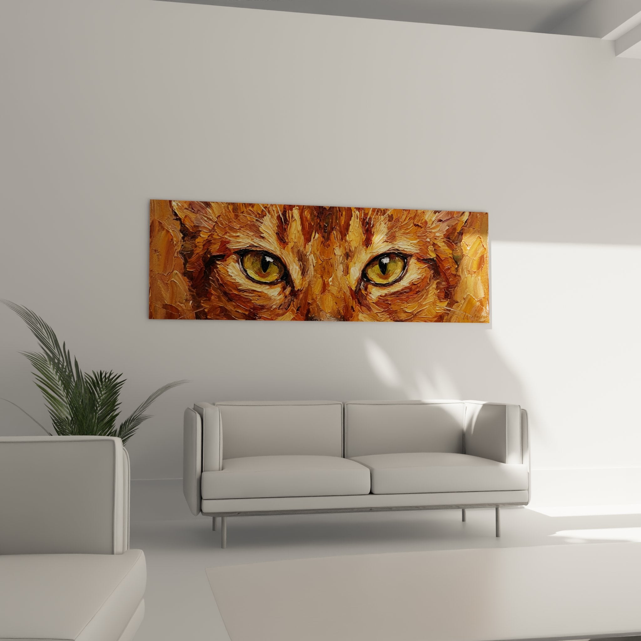 Gros plan yeux dorés chat Abyssin peinture à l'huile, détails pelage ambré réaliste