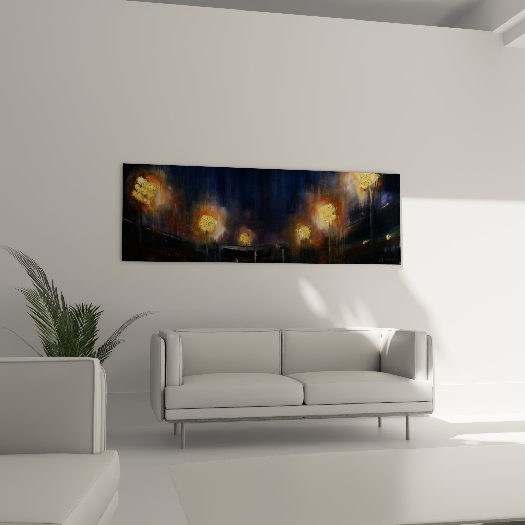 Detail du tableau stade baseball montrant les halos lumineux des projecteurs dans la nuit