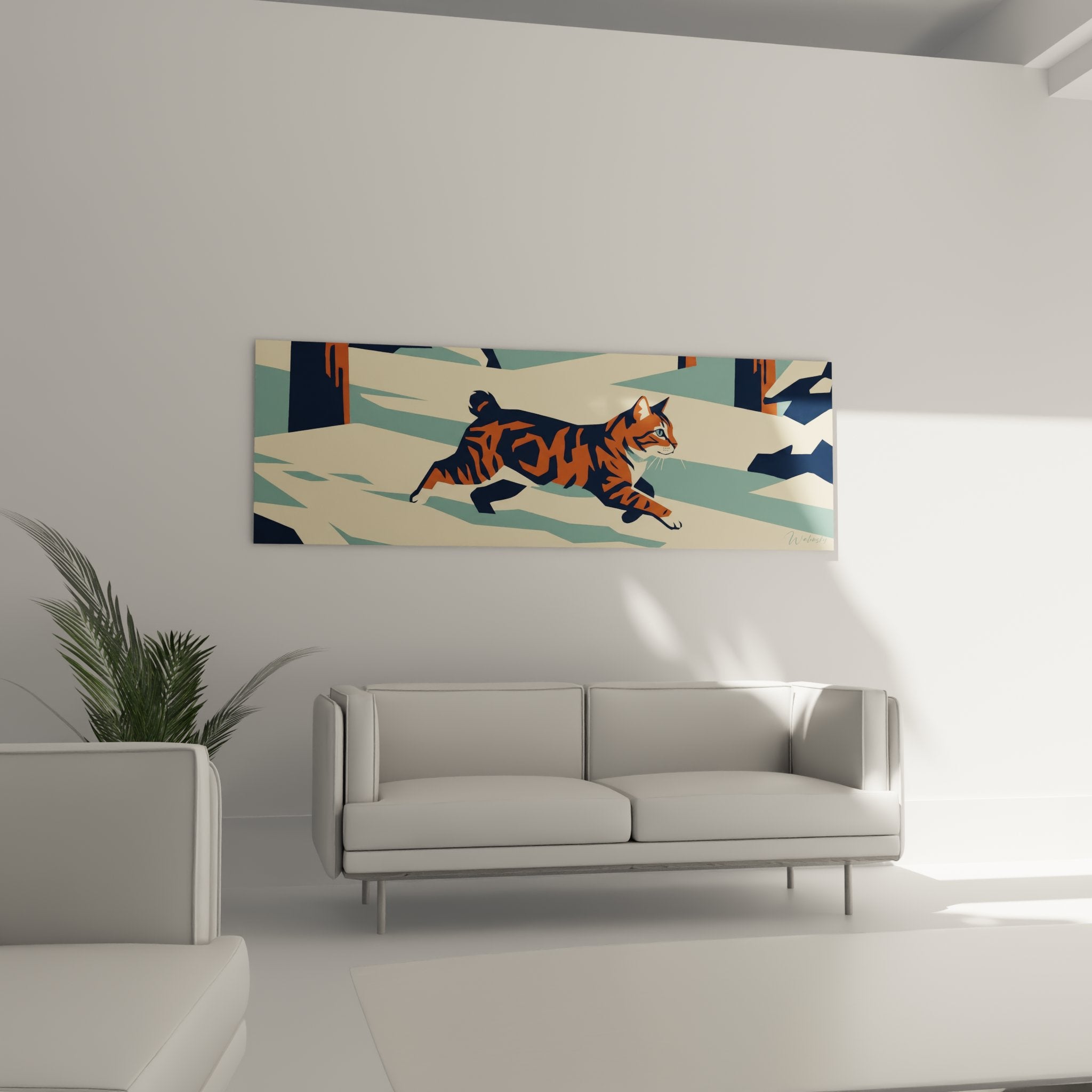 Detail rapproche tableau chat American Bobtail roux motifs geometriques style artistique contemporain