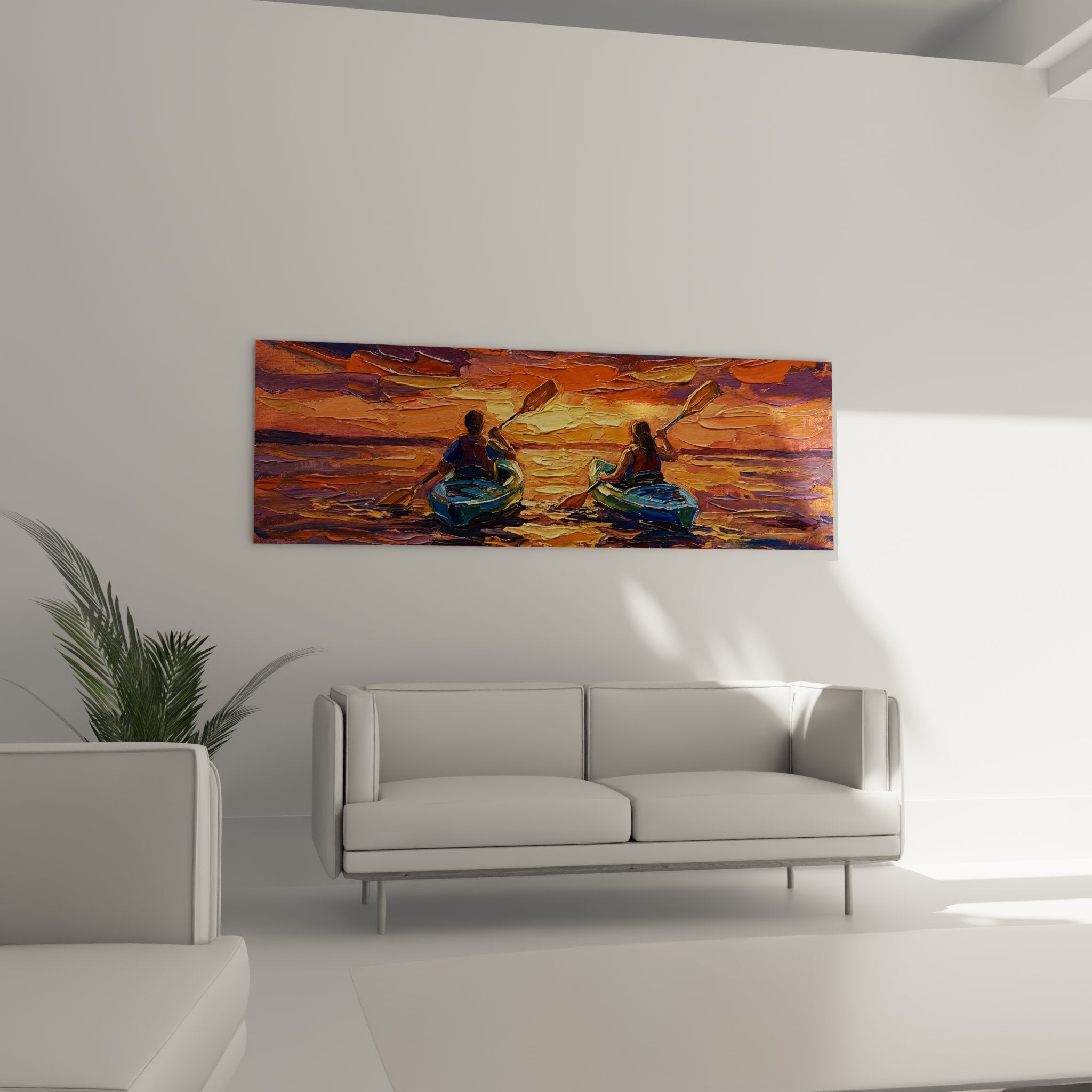 Detail peinture kayak texture empâtement, coups pinceau expressifs reflets dores sur eau