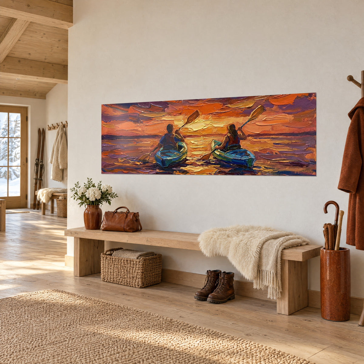 Schilderij duo turquoise kajaks op goudbruin water, amberkleurige en mauve dikke verfstrepen, drie kwart zicht in een chalet