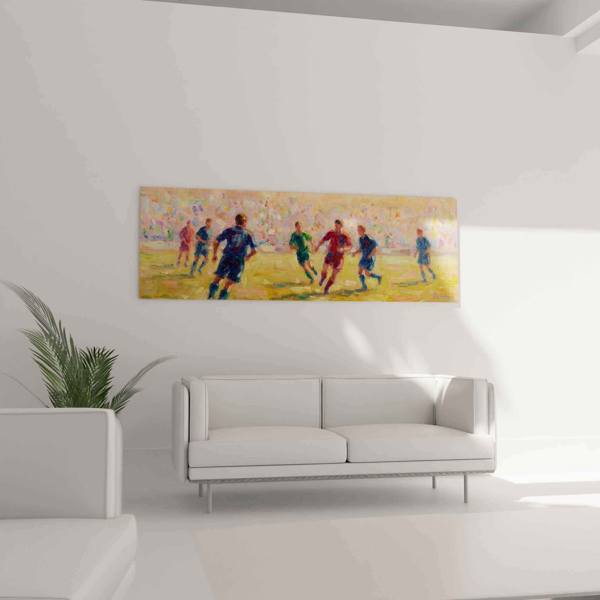 Détail peinture football impressionniste montrant technique picturale et couleurs vibrantes des maillots