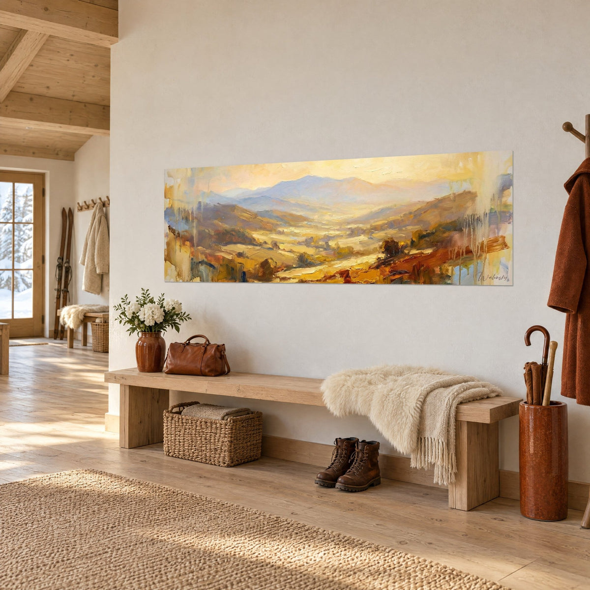 Wall art Pyrenees panorama in honey yellow and ochre, bluish peaks in the mist, hung on the wall of a chalet entrance