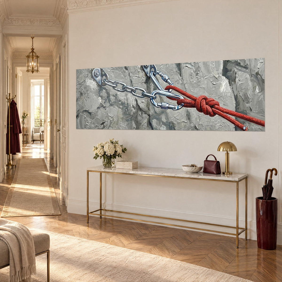Schilderij glanzende stalen ketting verbonden met een ankerpunt, scharlakenrode touwknoop, grijze steen, gang in Haussmann-stijl