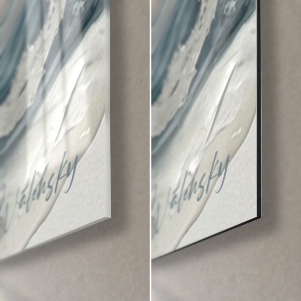 Wall art fluid dancer, bottom right corner: blue-grey signature on white, glossy acrylic glass and matte black 3 mm Dibond