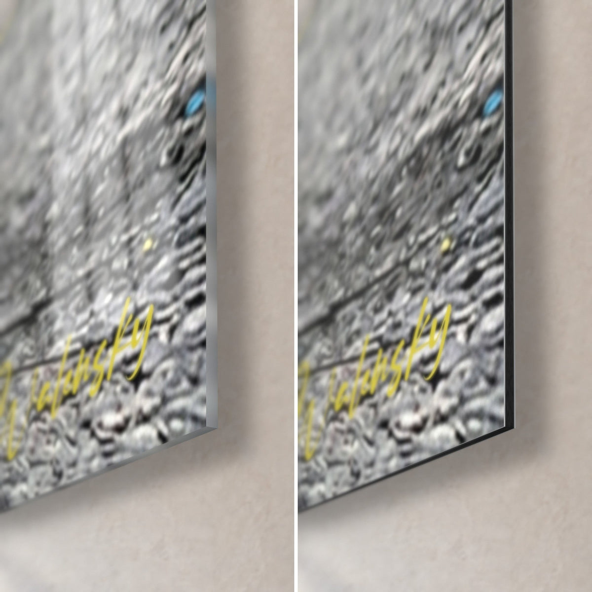 Wall art of a spotted cat in motion, yellow signature in the bottom right corner on grey asphalt, glossy glass and matte Dibond, 3 mm edge