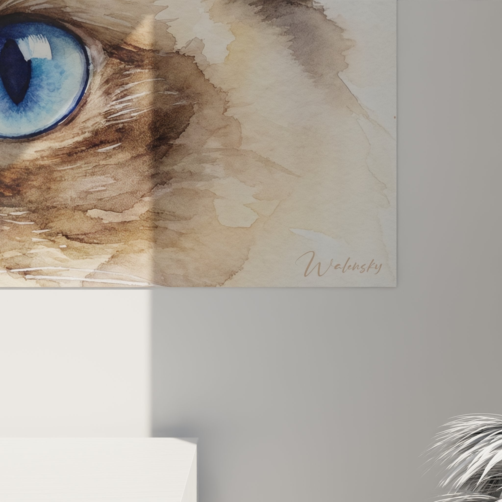 Panoramica tela gatto Ragdoll, arte murale felina con tonalità beige e occhi blu affascinanti