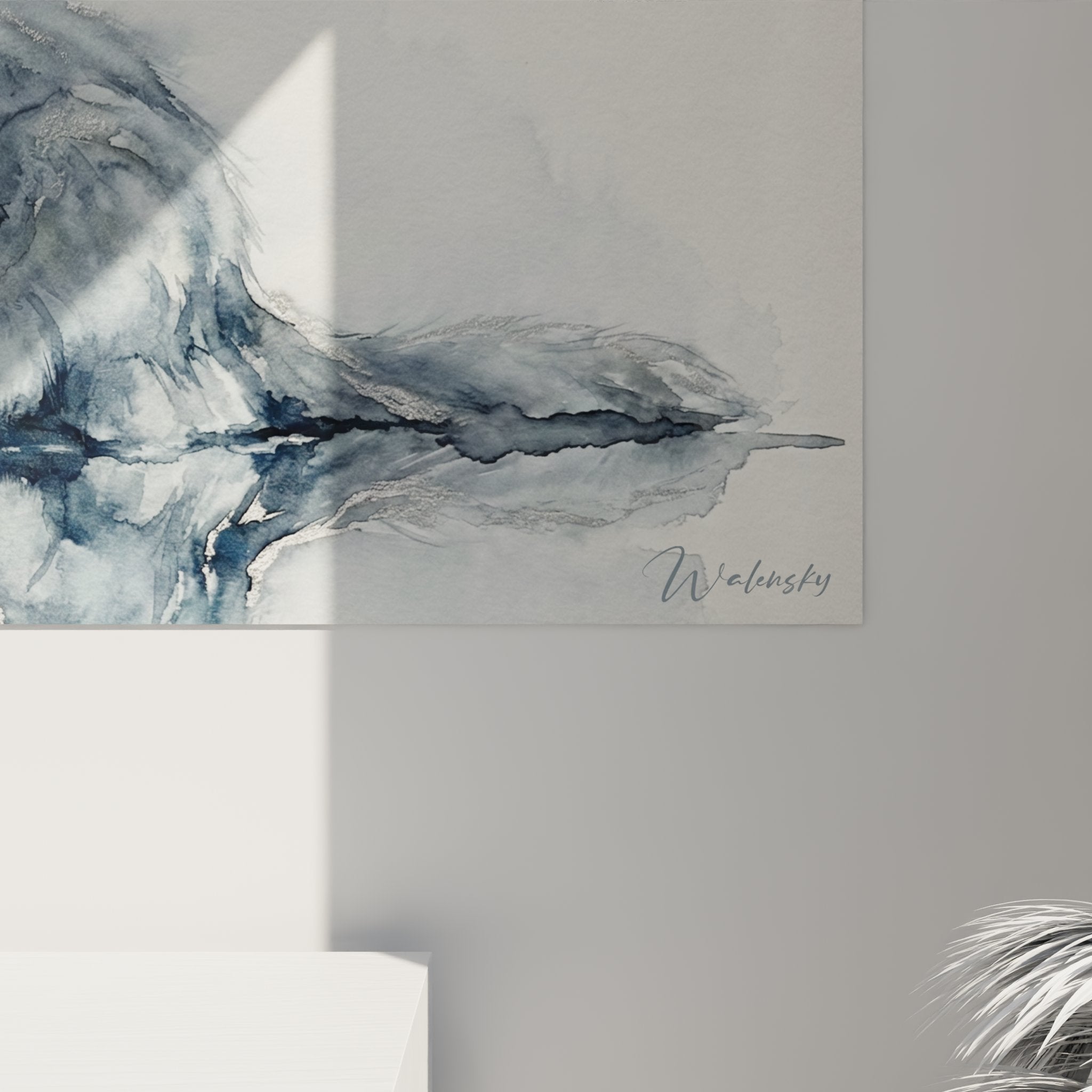 Vista d'insieme quadro gatto Nebelung acquerello decorazione murale stile contemporaneo eleganza felina